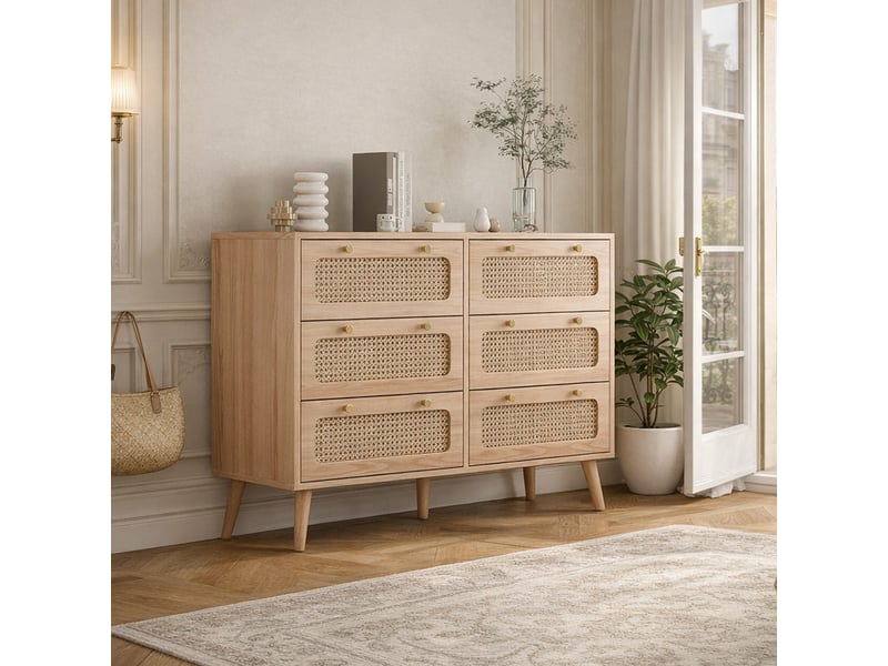 Commode 6 tiroirs, meuble de rangement en rotin, armoire buffet avec antichute et pieds surélevés, chiffonnier bois pour chambre, salon, 100x34x73 cm - Conforama B