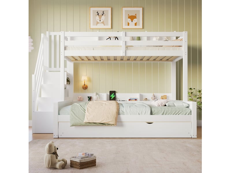  Lit superposé 90 × 200 cm avec lit double 140 × 200 cm, lit gigogne, escalier de rangement et usb pour chambre  - Conforama B