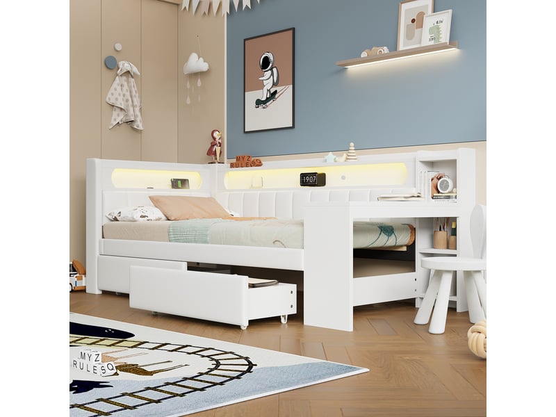  Lit avec rangement rembourré 90x200cm coloris blanc mdf led lit enfant blanc - Conforama E