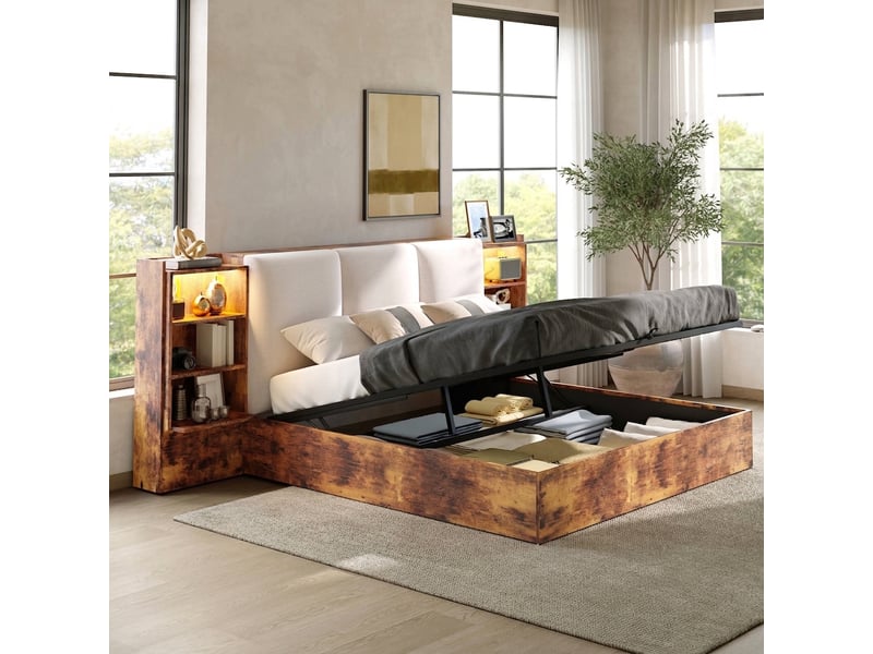  Lit coffre 180x200 marron, cadre de lit avec rangement hydraulique et led  - Conforama B