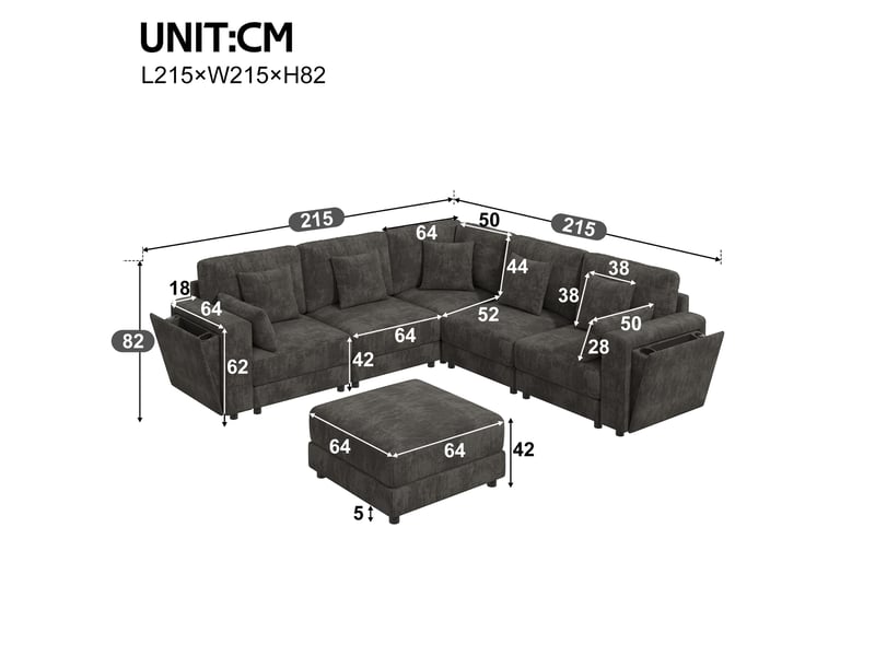  Canapé panoramique modulable 6 places 215x215x82 cm, forme ul, usb et usb-c, porte-gobelets, rangement, chenille - gris  - Conforama C