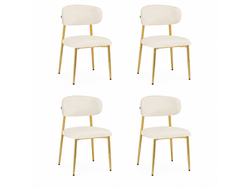  Lot de 4 chaises de salle à manger, dossier courbé, métal et bois, couleur blanc et doré  - Conforama A