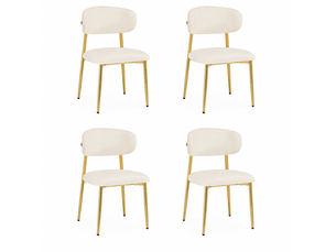 Lot de 4 chaises de salle à manger, dossier courbé, métal et bois, couleur blanc et doré