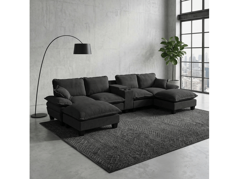  Canapé modulable en u modenvie 6 places avec rangement, porte-gobelets, ports usb, 2 ottomans et 2 coussins en chenille noir  - Conforama D