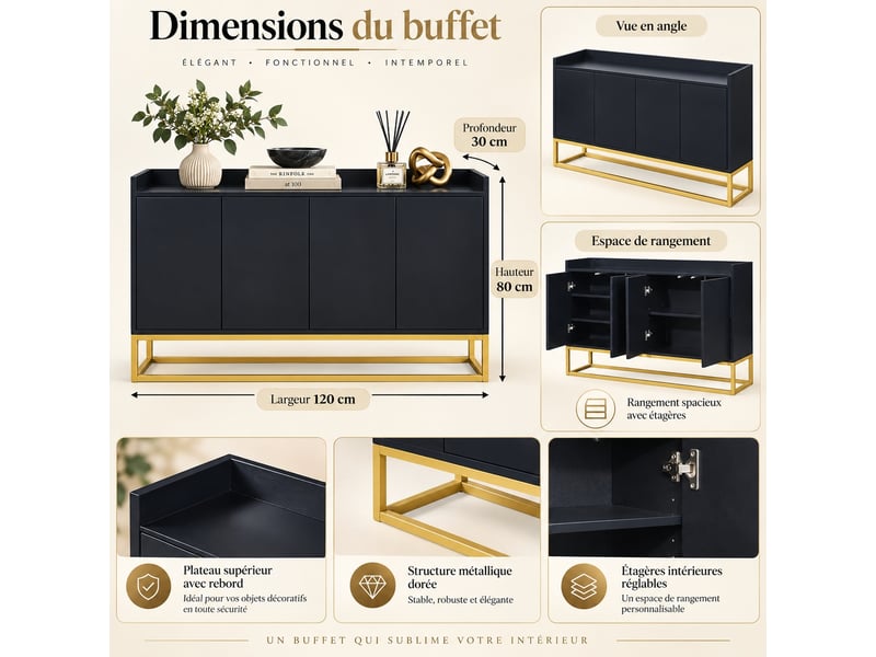  Buffet meuble de rangement 4 portes et étagère réglable, moderne, 120 x 30 x 80 cm noir  - Conforama C
