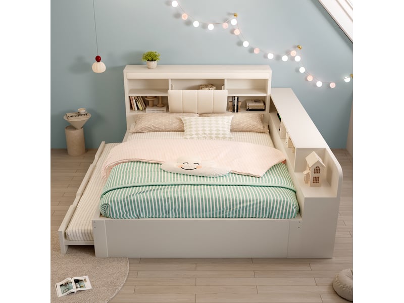  Lit gigogne 140x200 cm avec sommier à lattes, éclairage et prises usb, blanc  - Conforama C