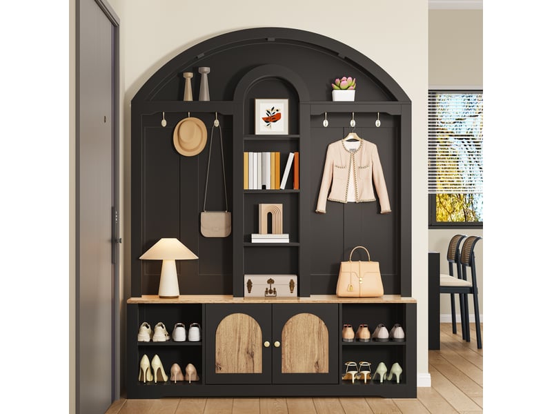 Vestiaire d'entrée, meuble de rangement avec porte-manteau et étagère à chaussures, mdf style scandinave 150x40x195 cm avec ruban led, noir et bois - Conforama R