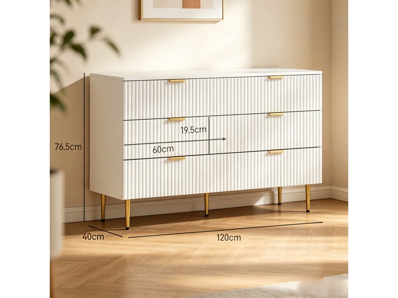  Commode de chambre - commode à 6 tiroirs, meuble de rangement moderne pour chambre à coucher, 120 x 40 x 76.5 cm, blanc  - Conforama D