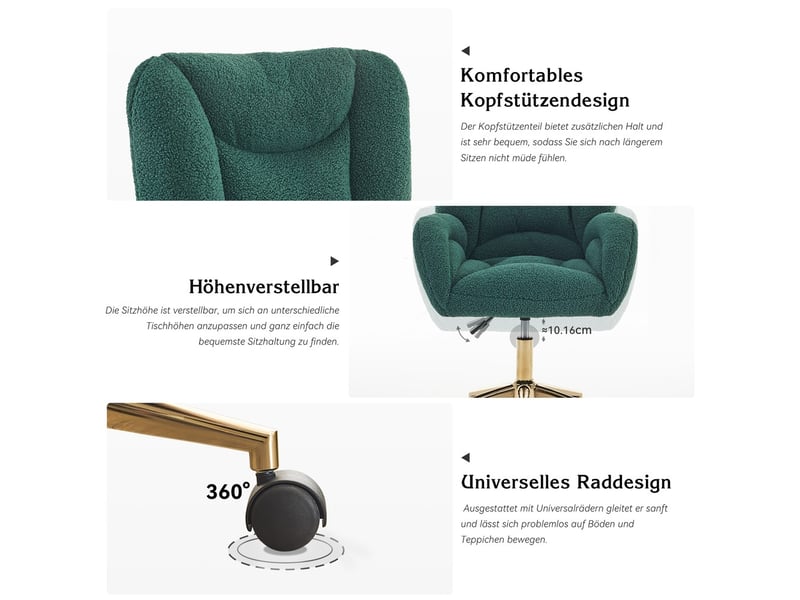  Fauteuil de bureau vert en tissu teddy réglable en hauteur avec pieds dorés pour home office  - Conforama E