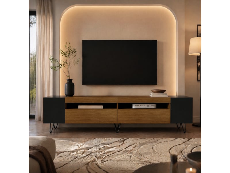  Meuble tv 180 cm noir et décor bois, 2 portes, niches ouvertes et passe-câbles  - Conforama B