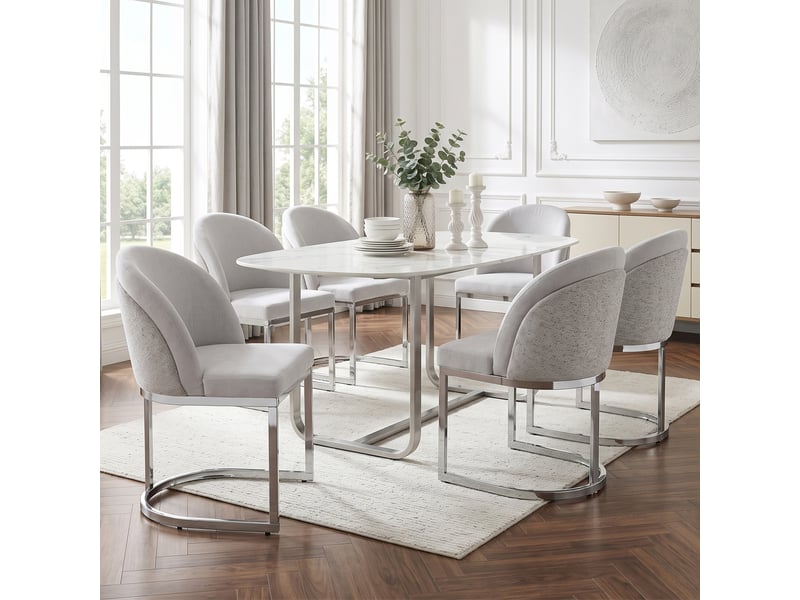  Lot de 2 chaises de salle à manger, double dossier et piètement métallique en chenille gris clair et argenté  - Conforama E