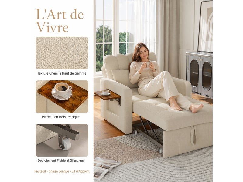  Fauteuil convertible fauteuil lit ,canapé 1 place réglable avec rangement,fauteuil 3-en-1,roues et tissu chenille - beige  - Conforama E