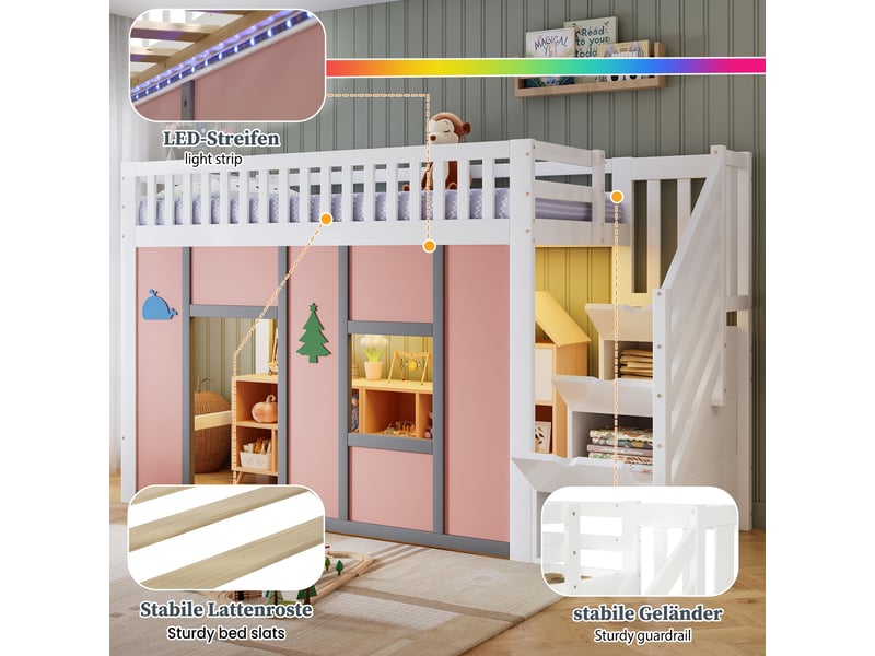 Lit mezzanine enfant 90x200 - lit superposé bois massif, échelle de sécurité avec compartiments, espace de stockage dessous - Conforama D