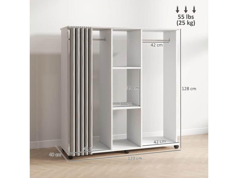  Armoire penderie meuble de rangement mobile 6 roulettes 120l x 40l x 128h cm en bois blanc  - Conforama D