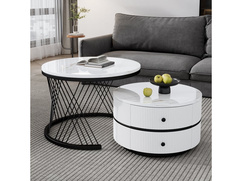  Table basse gigogne lot de 2 tables basses rondes effet marbre blanc brillant avec 2 tiroirs  - Conforama C
