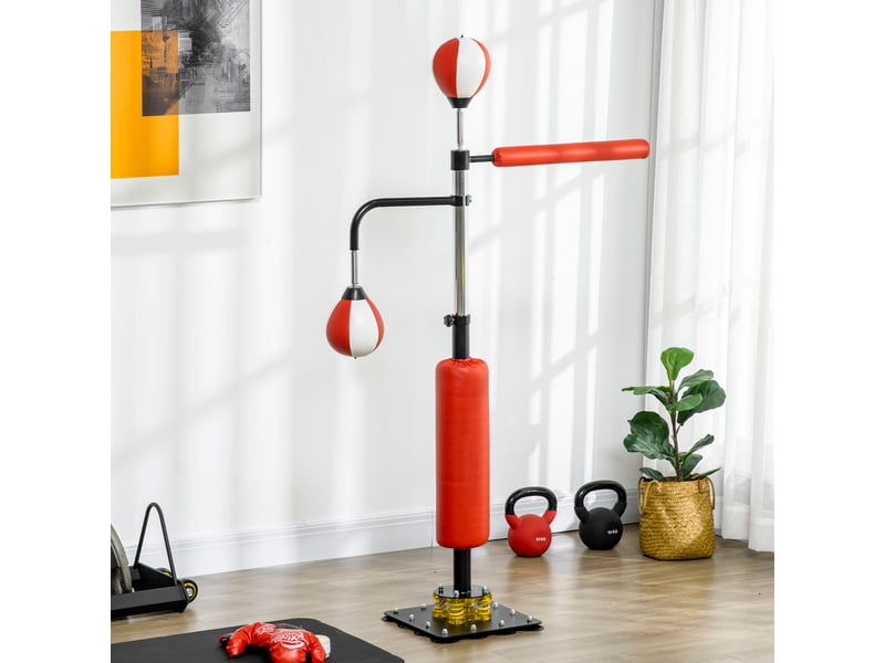 Support de boxe, deux speedballs, barre de frappe rotative, coussins de frappe, hauteur réglable, acier, 107 x 36 x 140-205 cm - Conforama C