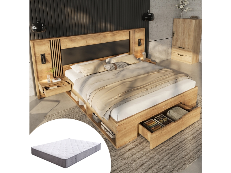  Lit adulte 180x200 cm avec rangements, lampes de lecture, 2 chevets, tiroirs, matelas inclus - naturel  - Conforama B