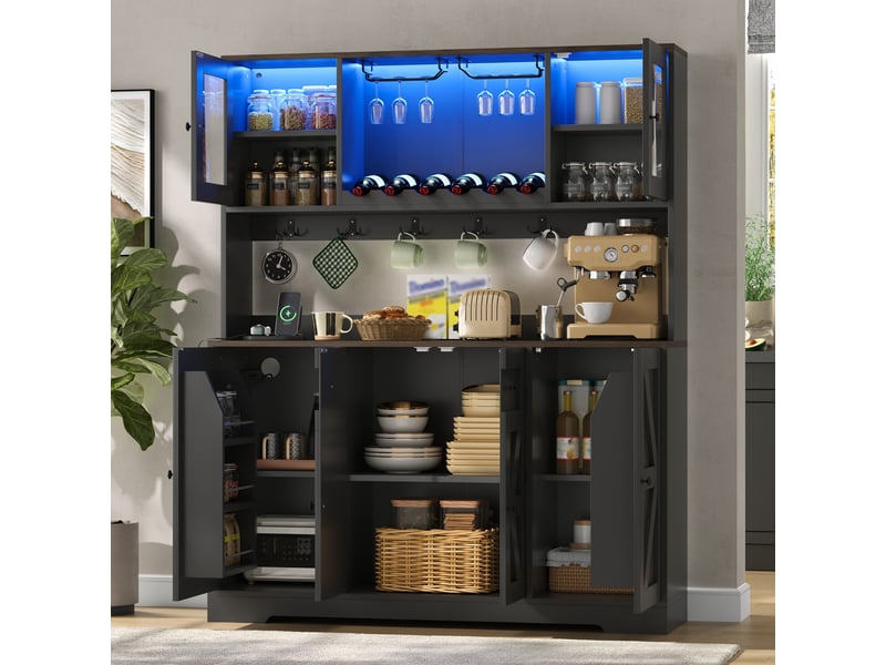 Buffet de cuisine haut 140x40x173 cm noir avec led rgb, 2 prises + 2 usb, casier à vin et porte-verres Fay Lum - Conforama B