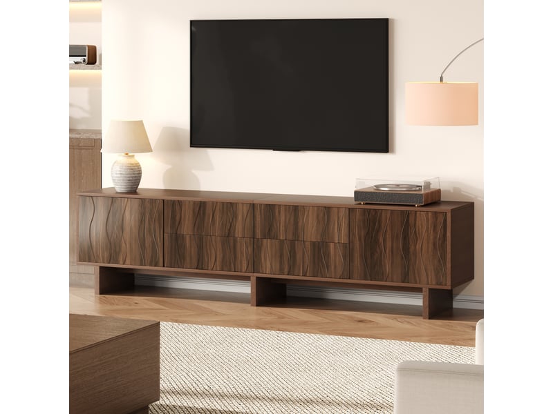  Meuble tv couleur noyer, meuble télévision jusqu'à 75 pouces, design ondulé et rangement fermé pour salon contemporain  - Conforama B