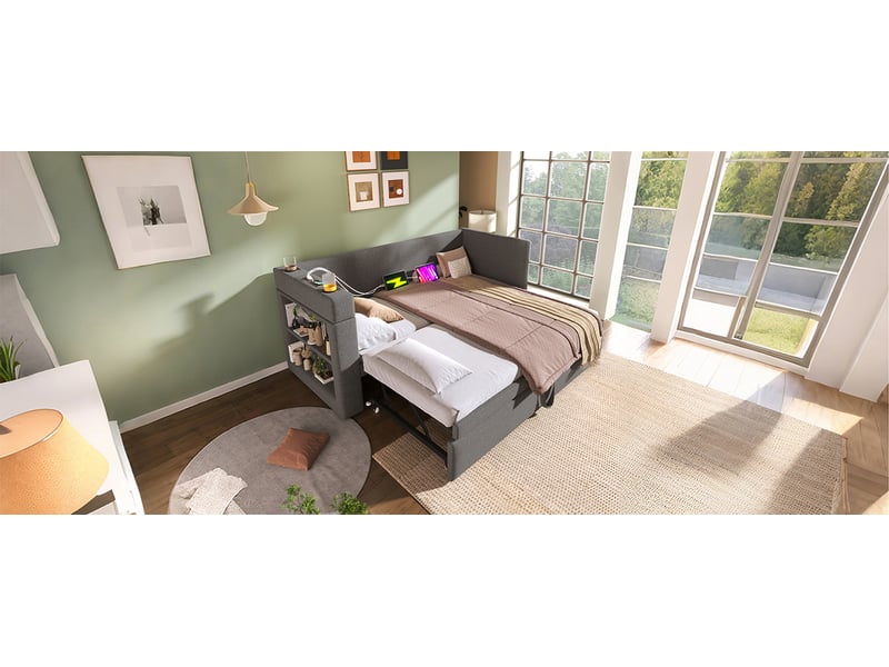  Lit banquette 90x190 cm, canapé-lit gris en lin et coton, lit gigogne avec ports usb et porte-gobelets pour chambre d'amis et salon.  - Conforama C
