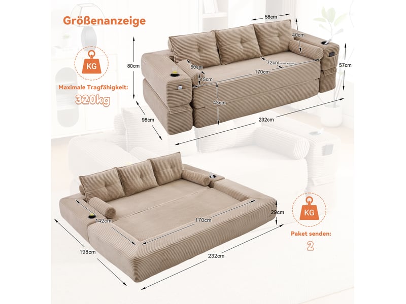  Canapé droit convertible 3 places en velours côtelé beige, avec poches, porte-gobelets et coussins mémoire  - Conforama C