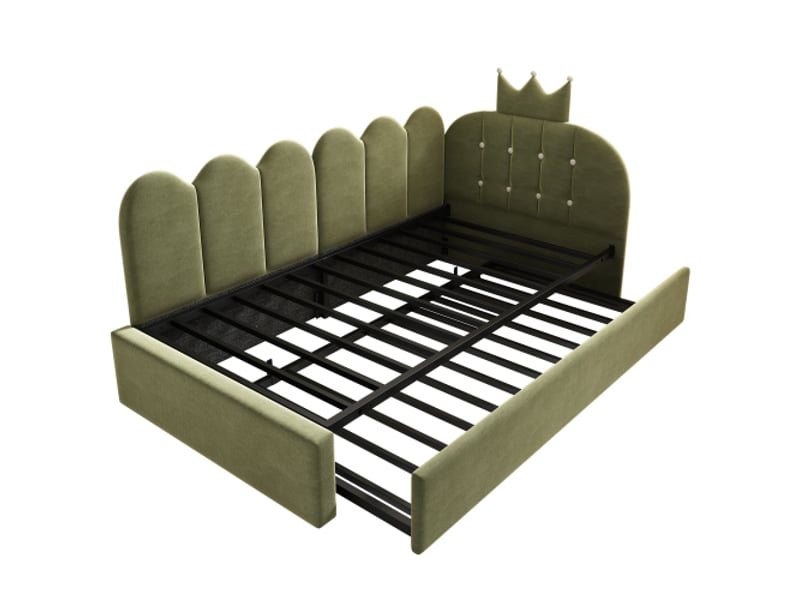  Canapé-lit velours vert 90x200 cm, lit escamotable 90x190 cm, forme en l, grille couronne, gain de place  - Conforama A