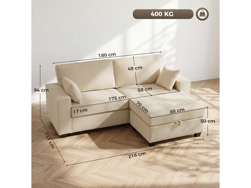 Canapé 3 places avec pouf de rangement, canapé d'angle en velours côtelé, assise large, beige, 2 coussins - Conforama C