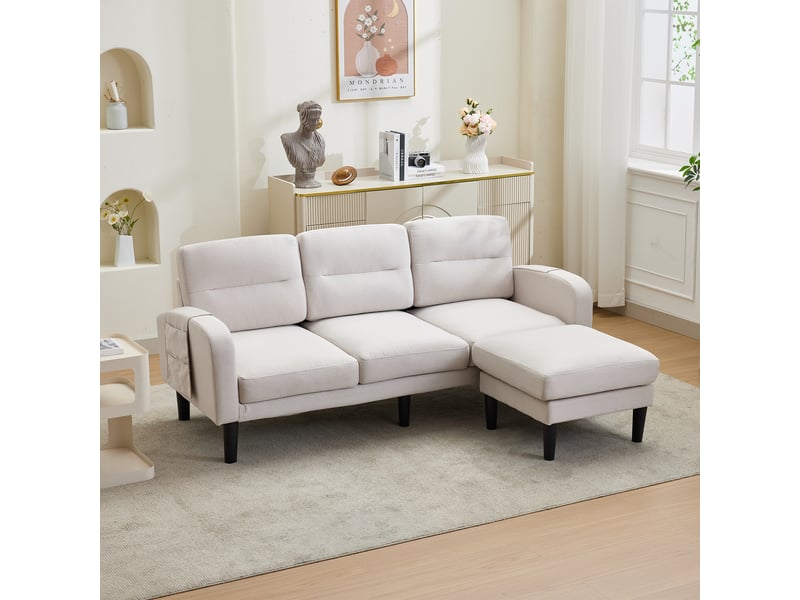  Canapé d’angle 3 places avec méridienne – modulable avec poches de rangement – 204 x 136 x 80 cm – beige  - Conforama B