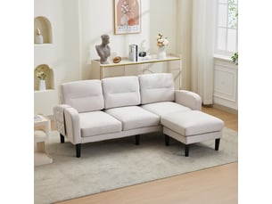 Canapé d’angle 3 places avec méridienne – modulable avec poches de rangement – 204 x 136 x 80 cm – beige