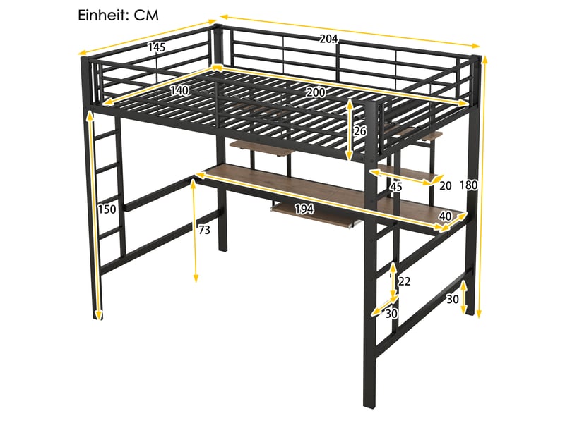  Lit mezzanine tcqpz 140 x 200 cm avec bureau et 2 étagères en métal et mdf noir  - Conforama C