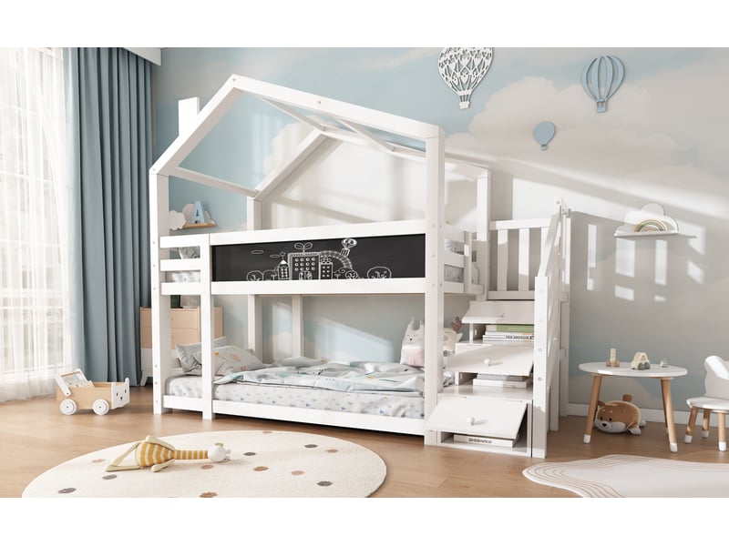 Lit superposé cabane enfant 90x200 cm avec barrière et espace de rangement – blanc – sans matelas - Conforama D