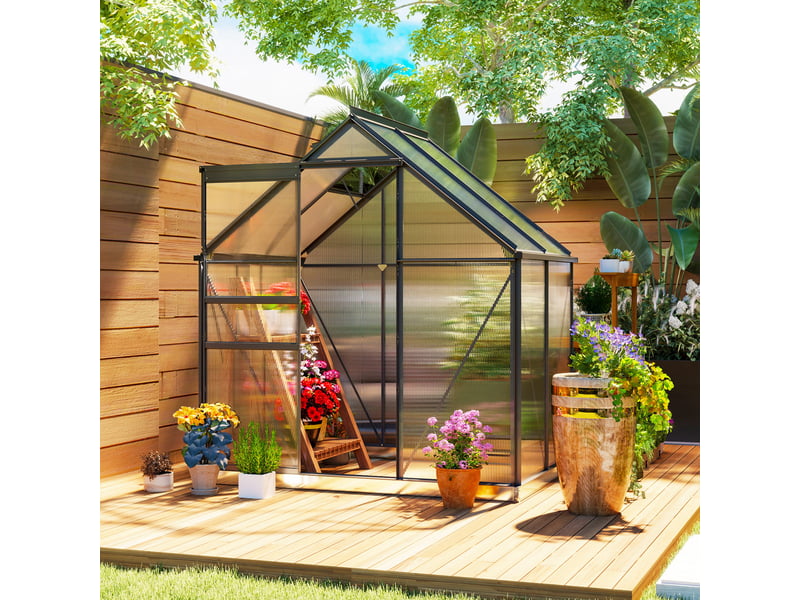  Serre en polycarbonate et aluminium avec porte à charnières et fenêtre de toit, 192,5 x 131 x 200 cm, grise  - Conforama C