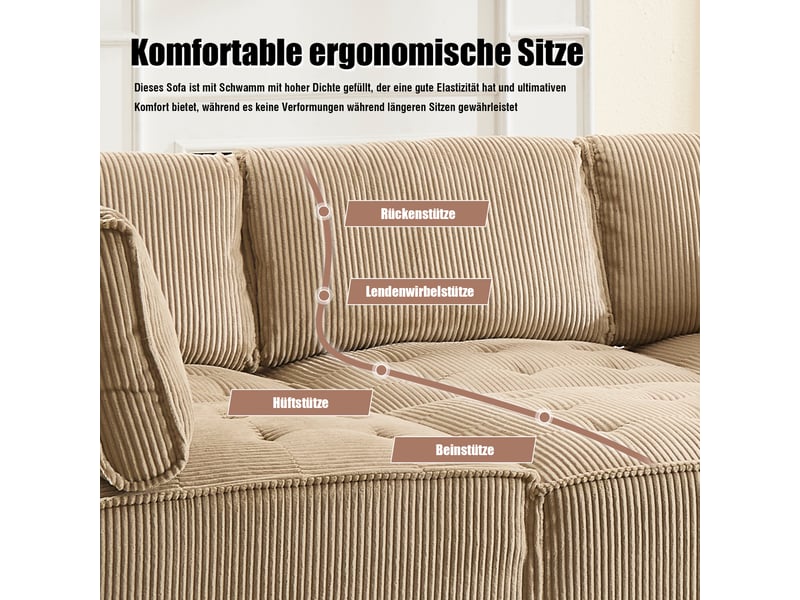 Canapé modulaire 6 places en velours côtelé kaki, structure métal et bois, convertible u ou l - Conforama E