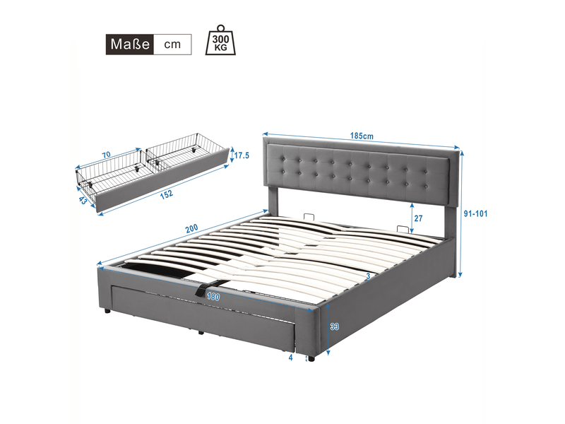 Lit avec coffre et tiroirs, tissu velours, lit capitonné, sommier à lattes, lit double, grand rangement, 180 x 200, velours, gris Seren Glow - Conforama C