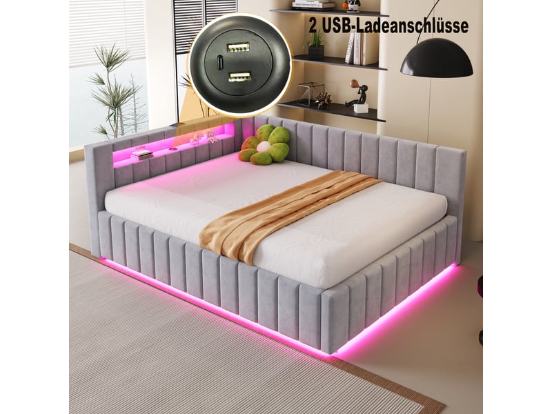  Lit double 140x200 cm gris clair, tissu velours, éclairage led, port usb et rangement hydraulique  - Conforama C
