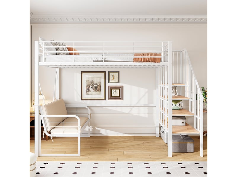  Lit mezzanine 140 x 200 cm en métal, canapé amovible, échelle de rangement et sécurité, blanc  - Conforama D