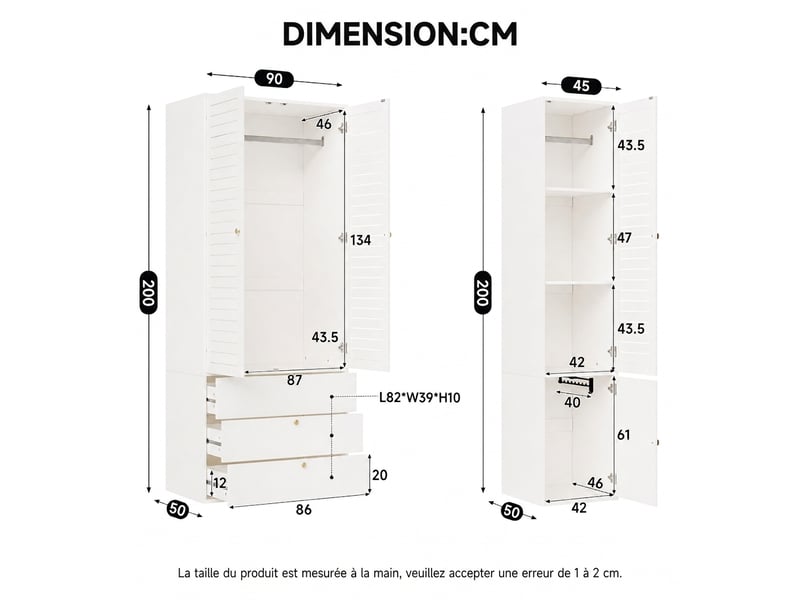  Armoire 10 portes chêne clair 225 cm avec 3 tiroirs et 2 tringles  - Conforama W