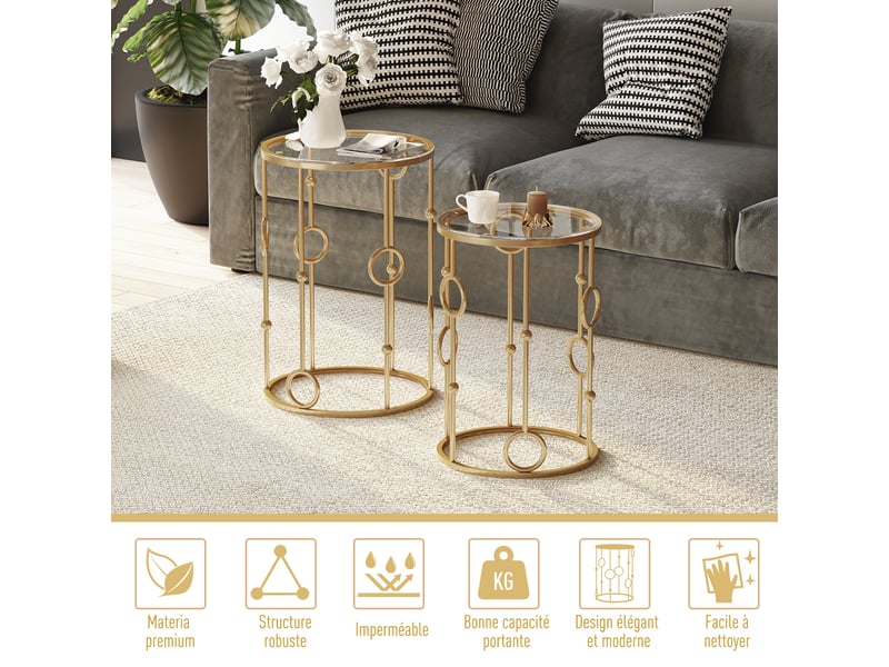  Tables gigognes lot de 2 tables basses rondes design style art déco ø 41 et ø 36 cm métal verre doré trempé 5 mm  - Conforama D