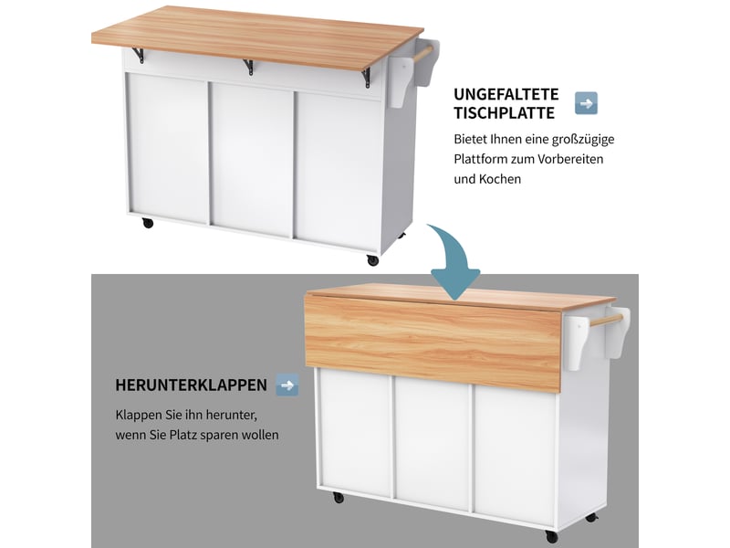  Desserte de cuisine,129x46x91,5 cm,2 tiroirs et plateau rabattable,mdf,blanche  - Conforama E