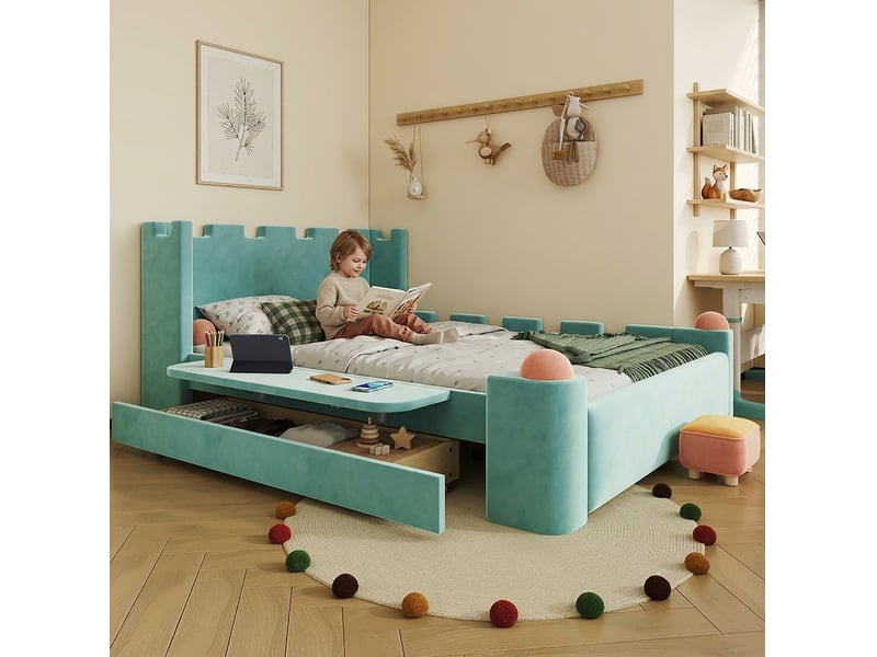  Lit enfant 140x200 cm, tablette latérale rabattable, tiroir rangement, bureau, chambre, bois, bleu-vert, sans matelas  - Conforama D