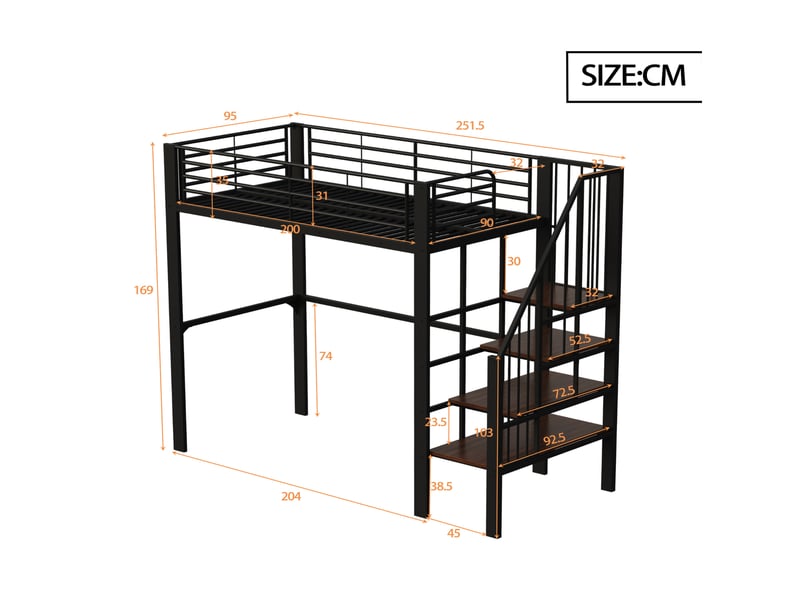  Lit mezzanine 90x200 cm en métal noir avec escalier et espace de rangement  - Conforama C