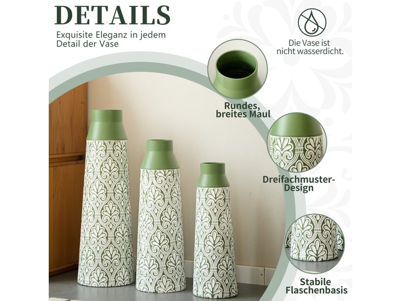  Lot de 3 vases de sol 61,5, 51 et 43,5 cm verts en métal, motif rétro pour fleurs séchées et pampas  - Conforama E