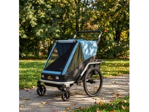 Remorque vélo enfant 2 places 148 x 83 x 102 cm bleue en aluminium, convertible en poussette