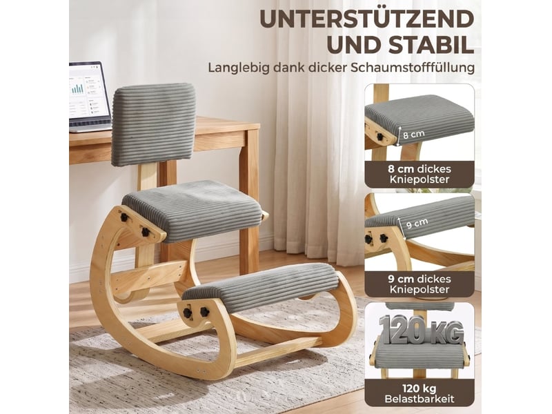  Chaise à genoux avec dossier 98 x 54 x 86 cm – gris foncé – basculement doux pour bureau, tissu côtelé  - Conforama D