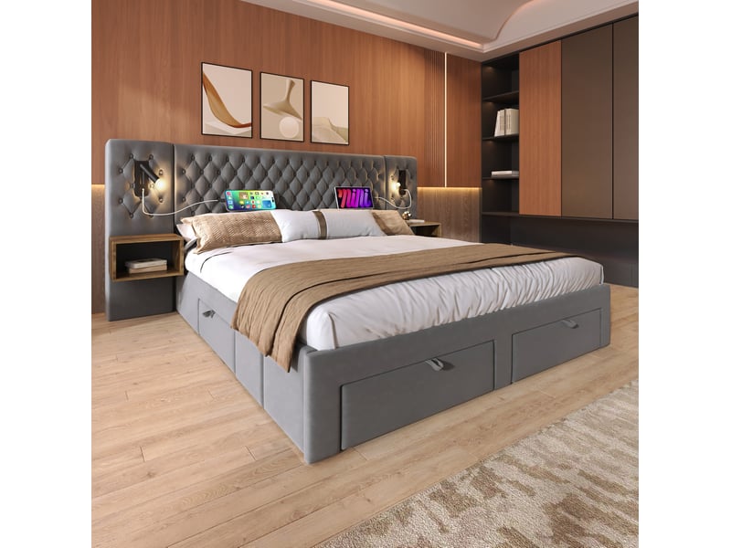 Lit double 180 x 200 cm en velours gris avec 2 chevets, 4 tiroirs, lampes de lecture et recharge usbtype-c - Conforama D