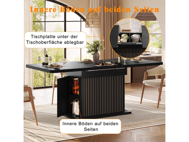  Table à manger extensible avec rangement - lpospi - portes à relief vertical, mdf métal noir 120 × 80 × 76 cm  - Conforama E