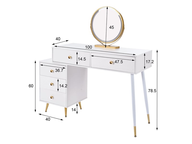  Coiffeuse avec miroir led 100 x 40 x 78 cm blanche en mdf, meuble latéral modulable et cinq tiroirs  - Conforama C