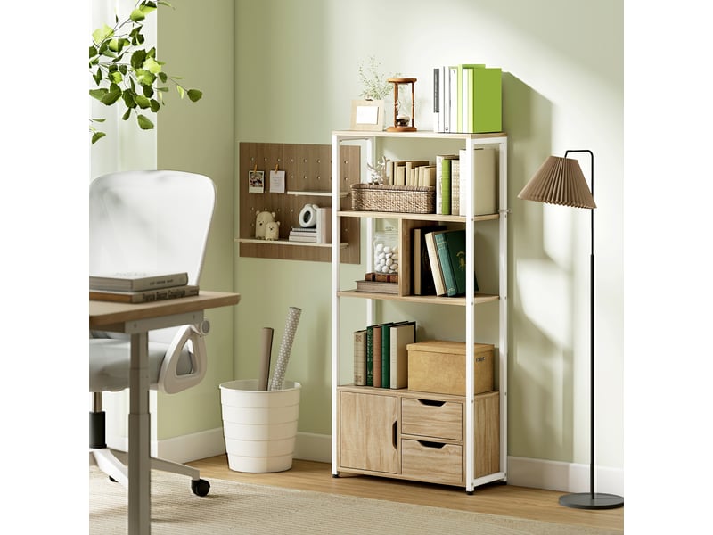  Bibliothèque avec étagères, tiroirs et porte, 58 x 24 x 122 cm, style industriel, bois blanc et naturel  - Conforama D