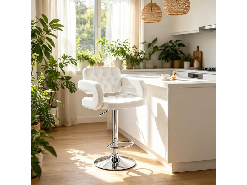  Tabouret de bar réglable et pivotant avec accoudoirs en métal et revêtement synthétique blanc  - Conforama C