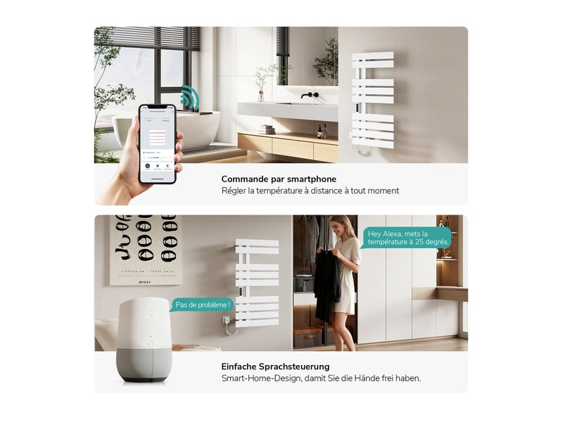  Emke sèche-serviettes électrique salle de bain wifi 320w blanc 1000 x 500 mm chauffage sec mural  - Conforama C